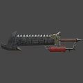 Mechanical Battle Axe Weapon Featuring Spiked Blade Metal Frame And Red Cylinder Component 3d model
