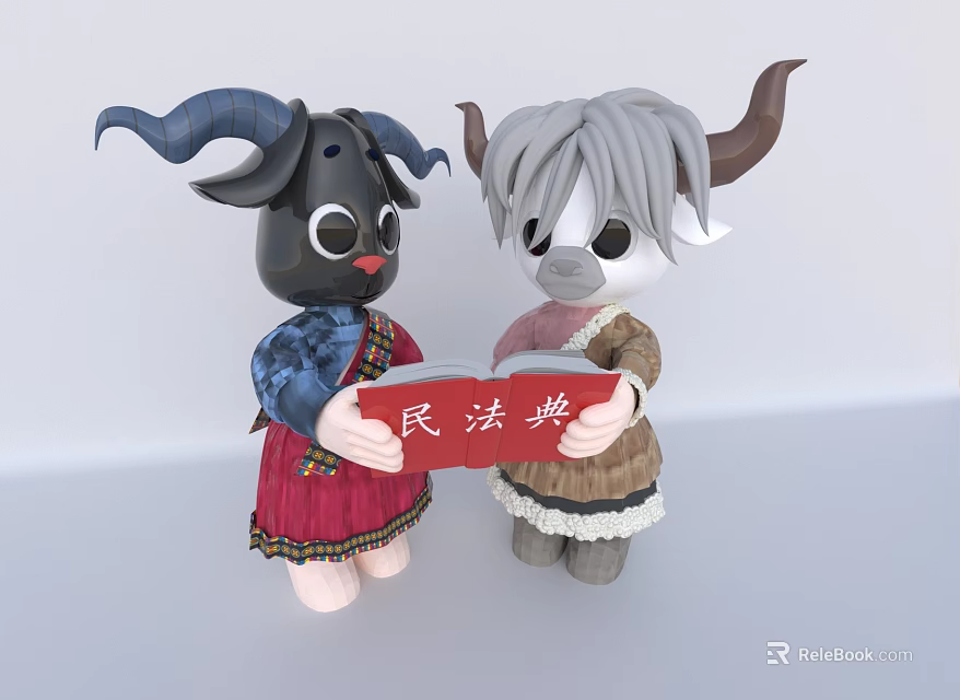 Two Horned Stuffed Plush Dolls Together Holding Red Book With Civil Code Text 3d model 