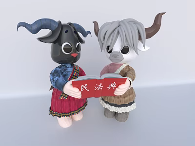 Two Horned Stuffed Plush Dolls Together Holding Red Book With Civil Code Text 3d model
