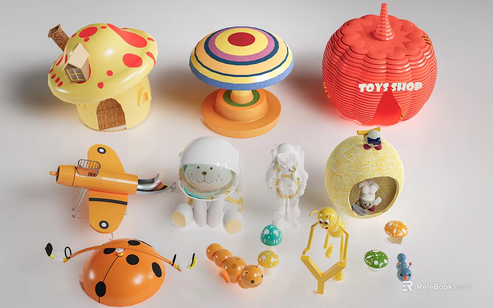 Children's Play Area With Various Toys Including Mushroom House Colorful Carousel And Toy Shop 3d model 