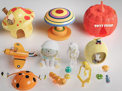 Children's Play Area With Various Toys Including Mushroom House Colorful Carousel And Toy Shop 3d model