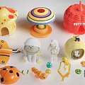 Children's Play Area With Various Toys Including Mushroom House Colorful Carousel And Toy Shop