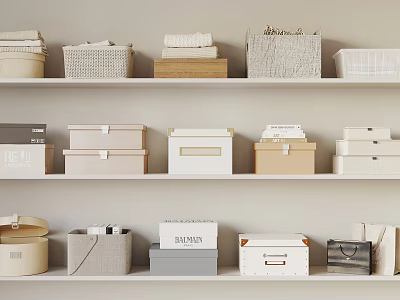 Storage Boxes of Various Materials on White Shelves for Neat Home Organization 3d model