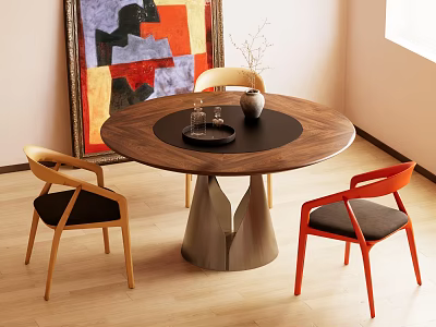 Modern Round Wooden Dining Table Set With Red Beige Chairs And Unique Pedestal Base 3d model