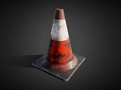 3D Rendered Old Worn Red And White Traffic Cone With Square Base On Dark Background 3d model
