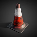 3D Rendered Old Worn Red And White Traffic Cone With Square Base On Dark Background