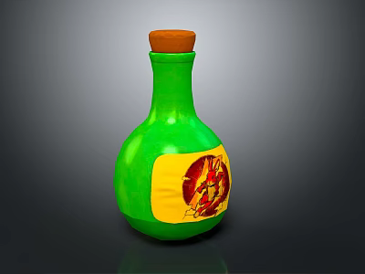 Green Glass Bottle With Wooden Cork And Yellow Label Featuring Red Decorative Design 3d model