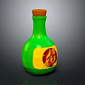 Green Glass Bottle With Wooden Cork And Yellow Label Featuring Red Decorative Design