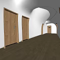 Elevator Hallway With Wooden Flooring Doors Room Numbers White Walls And Curved Lighting
