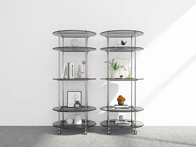 Modern Circular Glass Bookshelf With Metal Frame Displaying Books Plants And Decorative Pieces 3d model