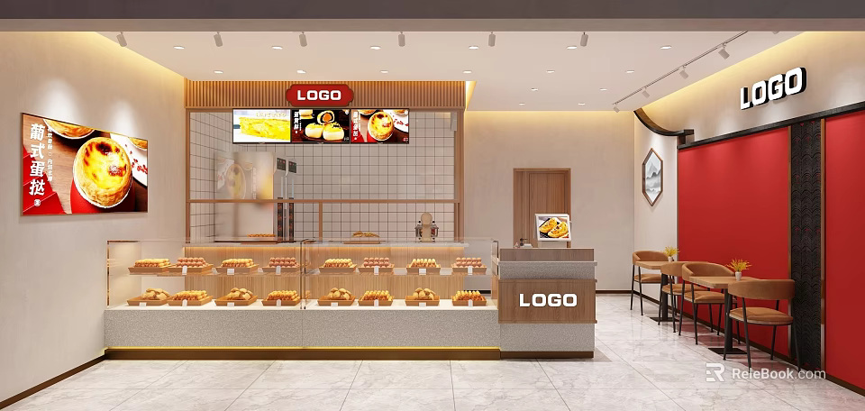 Dessert Shop Interior With Glass Display Cases Fresh Pastries Counter Logo Sign And Menu Screen 3d model 