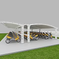 Tensile Membrane Parking Shelter With Yellow Motorcycles And White Frame In Grass Area