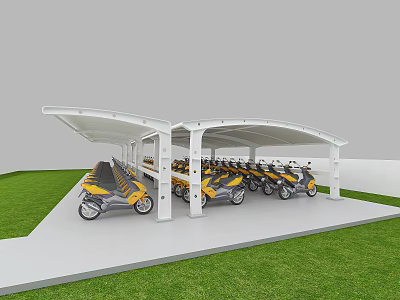 Tensile Membrane Parking Shelter With Yellow Motorcycles And White Frame In Grass Area 3d model