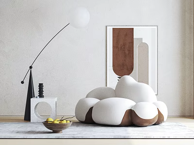 Modern Lazy Sofa With White And Brown Rounded Design Near Floor Lamp And Wall Art 3d model