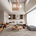 Double Height Living Room Modern Interior With Sofa Armchairs Wooden Coffee Table And Natural Light