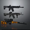 3D Rendered Pixel Style Weapons Three Different Types With Black Gray Orange On Gray Background