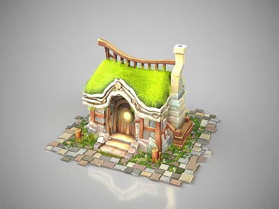Small Cottage Building With Green Grass Roof Wooden Structure Stone Elements And Arched Doorway 3d model