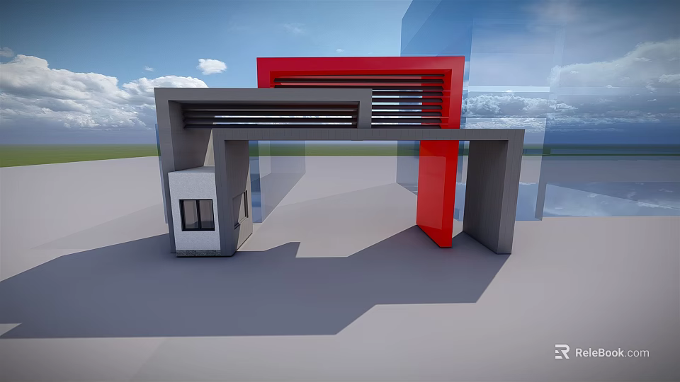Modern Entrance Gate With Red Accent And Gray Frame Architectural Design 3d model 