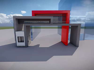 Modern Entrance Gate With Red Accent And Gray Frame Architectural Design 3d model