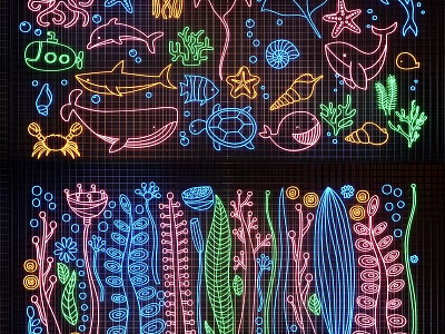 Colorful Underwater Theme Decorative Lights Featuring Neon Dolphins Sharks Starfish Seashells And Coral 3d model