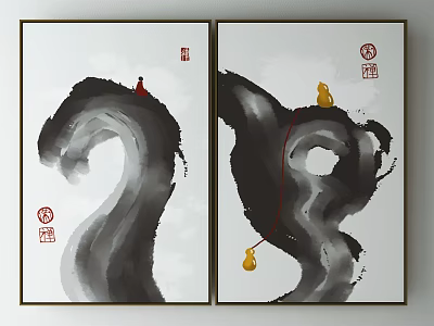 Two Panel Chinese Ink Paintings With Black Brush Strokes Red Yellow Accents And Red Seals 3d model