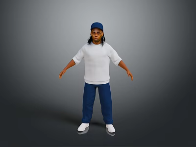 Man in White Long Sleeve Tshirt Blue Pants White Shoes Blue Cap on Gray Background 3d model