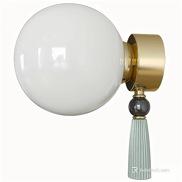 Elegant Wall Lamp with White Spherical Lampshade Golden Base and Gray Tassel Decoration 3d model 