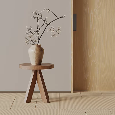 Minimalist Wooden Side Table With Round Top Tripod Legs And Ceramic Vase Holding White Flowers 3d model