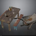 Vintage Wooden Table with Clay Pot Glasses Red Blue Bench and Rusty Wheelbarrow