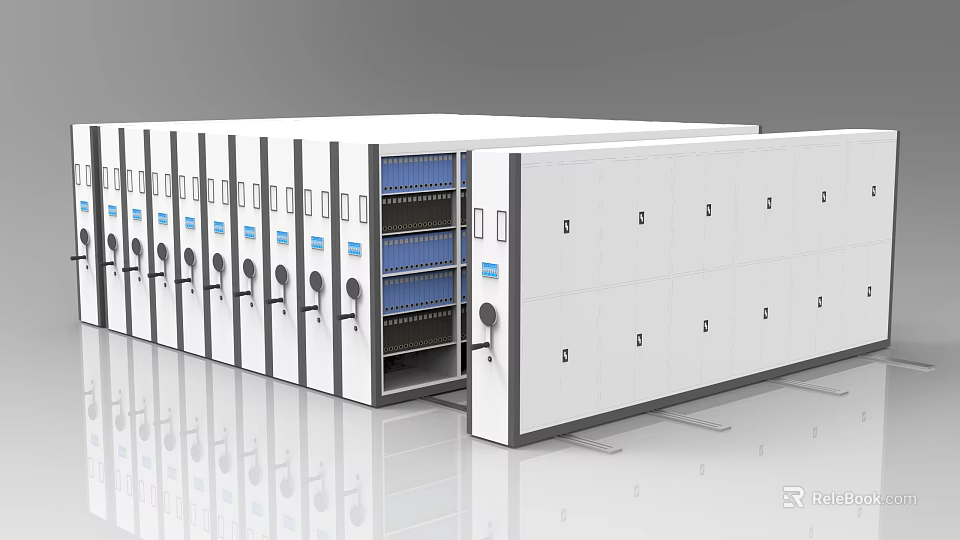 White Mobile Shelving Unit With Blue Compartments Labeled Sections For Office File Storage 3d model 