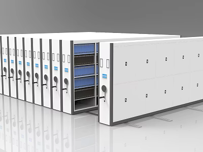 White Mobile Shelving Unit With Blue Compartments Labeled Sections For Office File Storage 3d model