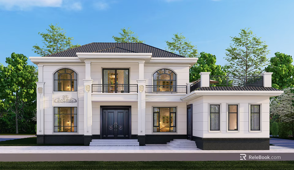 Elegant White Detached Villa With Black Roof Arched Windows And Front Lawn 3d model 
