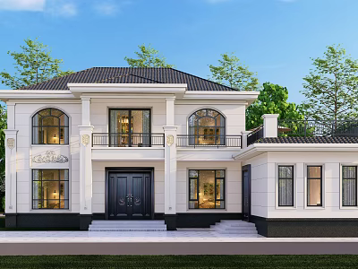 Elegant White Detached Villa With Black Roof Arched Windows And Front Lawn 3d model