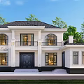 Elegant White Detached Villa With Black Roof Arched Windows And Front Lawn