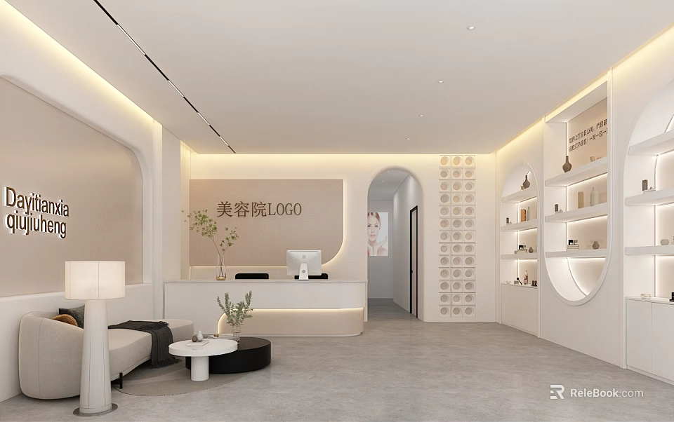 Elegant Beauty Salon Interior Design With Reception Desk Sofa Display Shelves And Soft Lighting 3d model 