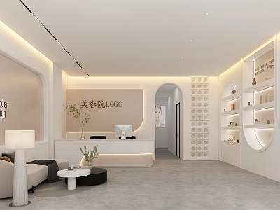 Elegant Beauty Salon Interior Design With Reception Desk Sofa Display Shelves And Soft Lighting 3d model