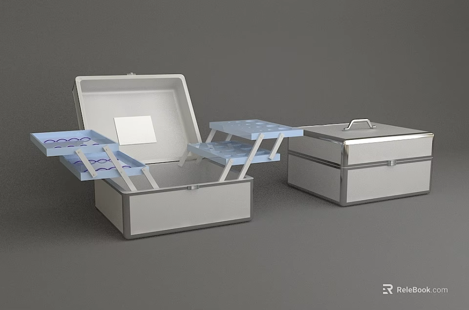 Open and Closed Storage Boxes with Blue Compartments White Label and Top Handle 3d model 