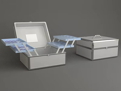 Open and Closed Storage Boxes with Blue Compartments White Label and Top Handle 3d model