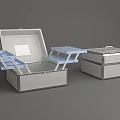 Open and Closed Storage Boxes with Blue Compartments White Label and Top Handle