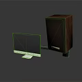 Electronic Appliances Setup With Modern Monitor And Wooden Speaker Design
