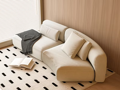 Beige Curved Two Seater Sofa With Cushions Throw Blanket On Geometric Pattern Rug 3d model