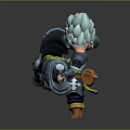 Blue Haired Character With Goggles In Mechanical Outfit Holding Large Weapon And Small Creature Companion