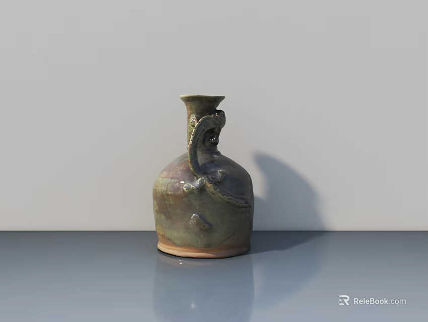 Ceramic Sculpture With Unique Carved Design Brown Green Glaze Against White Wall On Gray Surface 3d model 