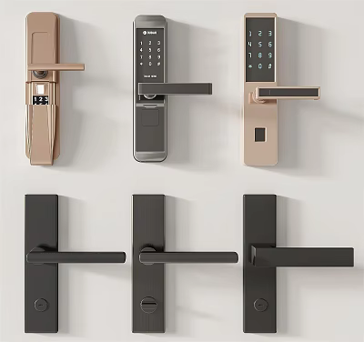 Modern Door Handles With Smart Lock Keypad And Black Gold Color Options 3d model