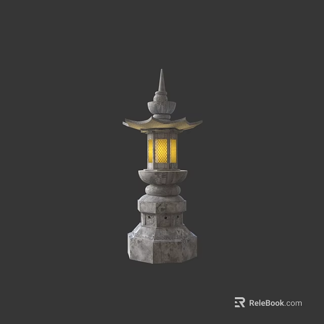 Traditional Oriental Stone Outdoor Lantern With Spire Top Layered Pedestal Yellow Light 3d model 