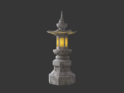 Traditional Oriental Stone Outdoor Lantern With Spire Top Layered Pedestal Yellow Light 3d model