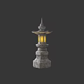 Traditional Oriental Stone Outdoor Lantern With Spire Top Layered Pedestal Yellow Light