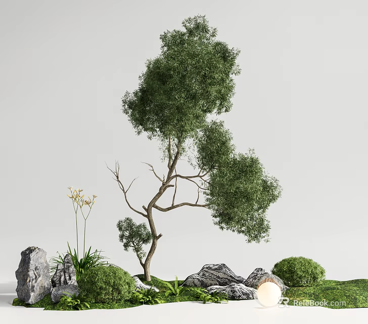Natural Garden Ornaments Featuring Curved Tree Rocks Small Bushes Grass Flowers And Decorative Light 3d model 