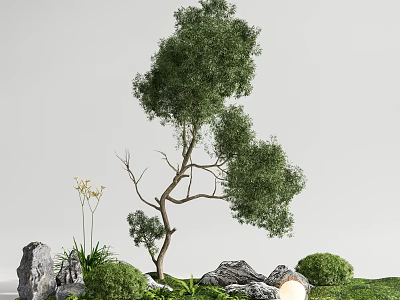 Natural Garden Ornaments Featuring Curved Tree Rocks Small Bushes Grass Flowers And Decorative Light 3d model