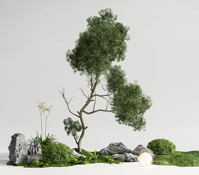 Natural Garden Ornaments Featuring Curved Tree Rocks Small Bushes Grass Flowers And Decorative Light 3d model